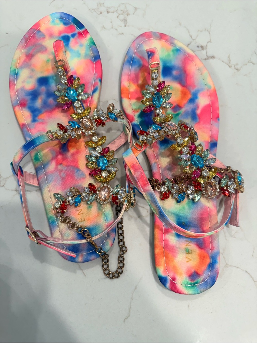 VENUS Multicolor Tie-Dye Jeweled T-Strap Sandals